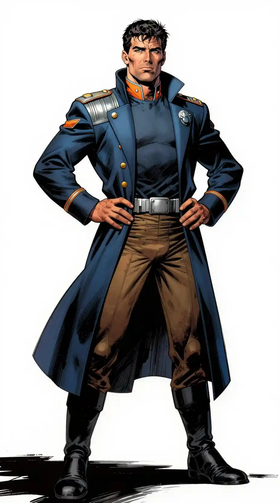 Selbstbewusster Raumschiffkapitän in futuristischer marineblauer Uniform