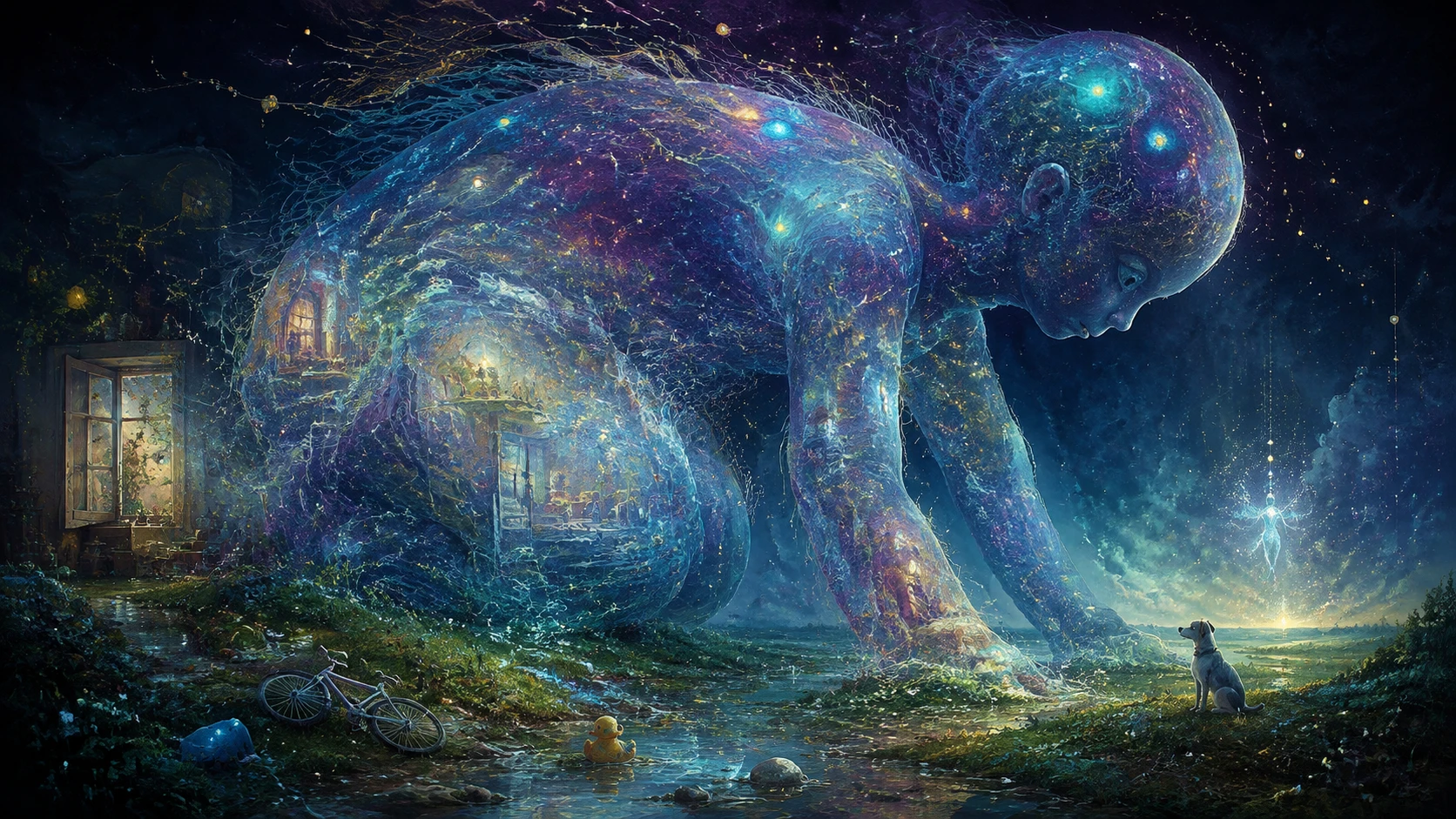 Creatura surreale monumentale che vaga in un immenso paesaggio di memorie