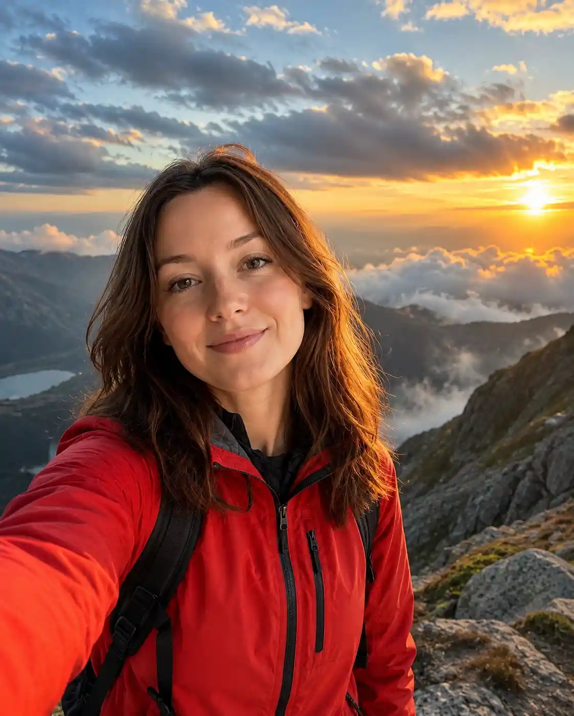 日の出の山でハイキングする女性のエネルギッシュな自撮り