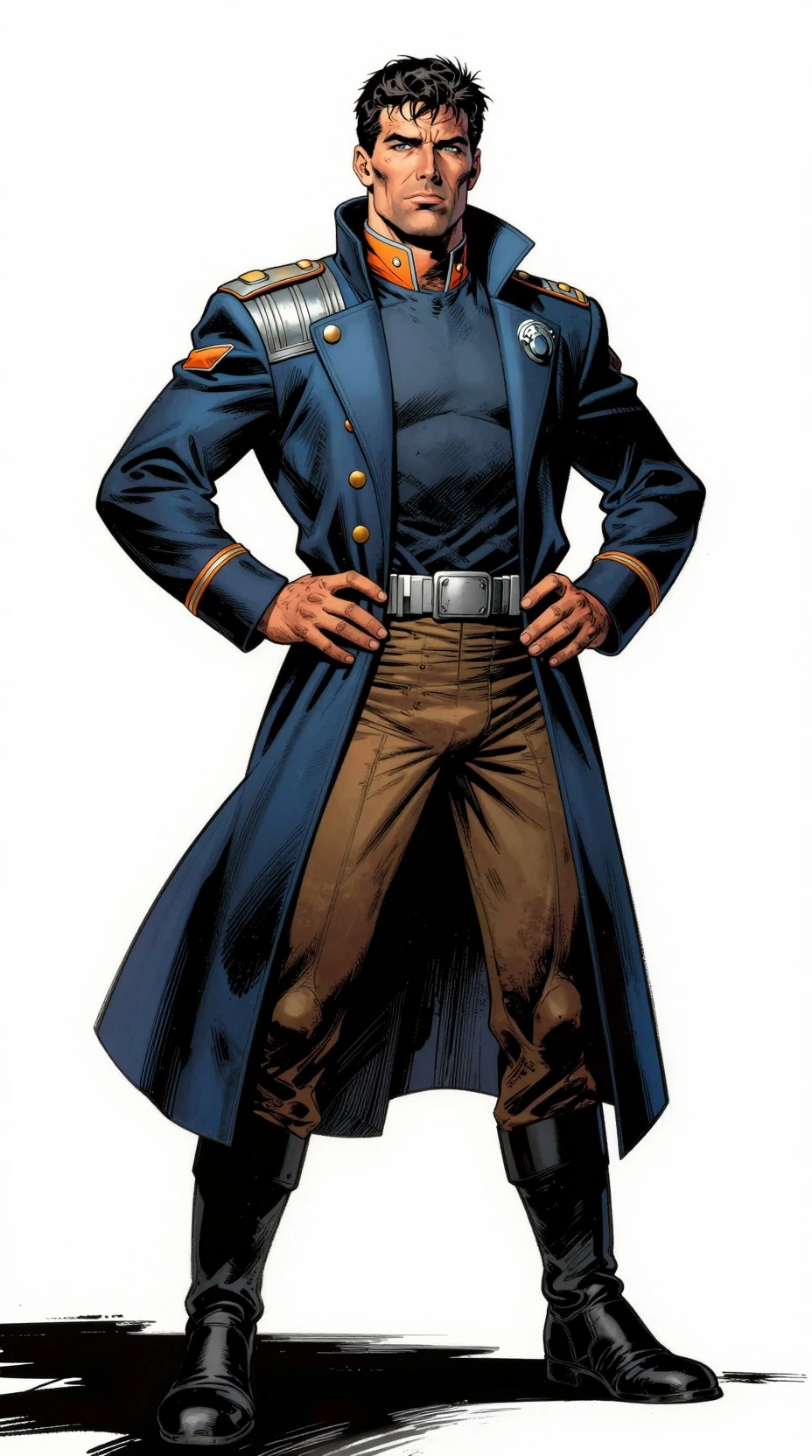 Selbstbewusster Raumschiffkapitän in futuristischer marineblauer Uniform