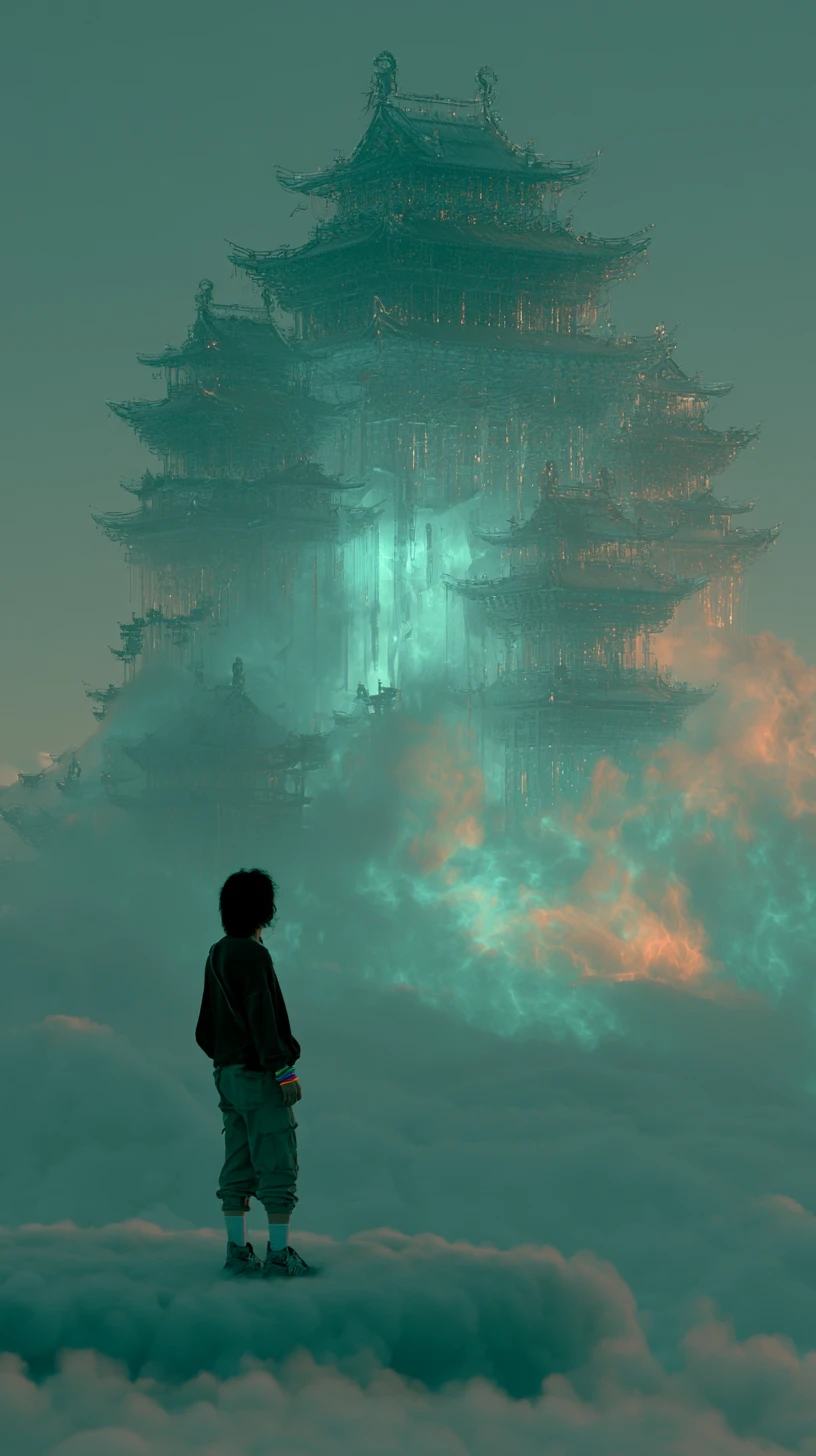 Figura solitária contemplando palácio celestial de cristal no céu