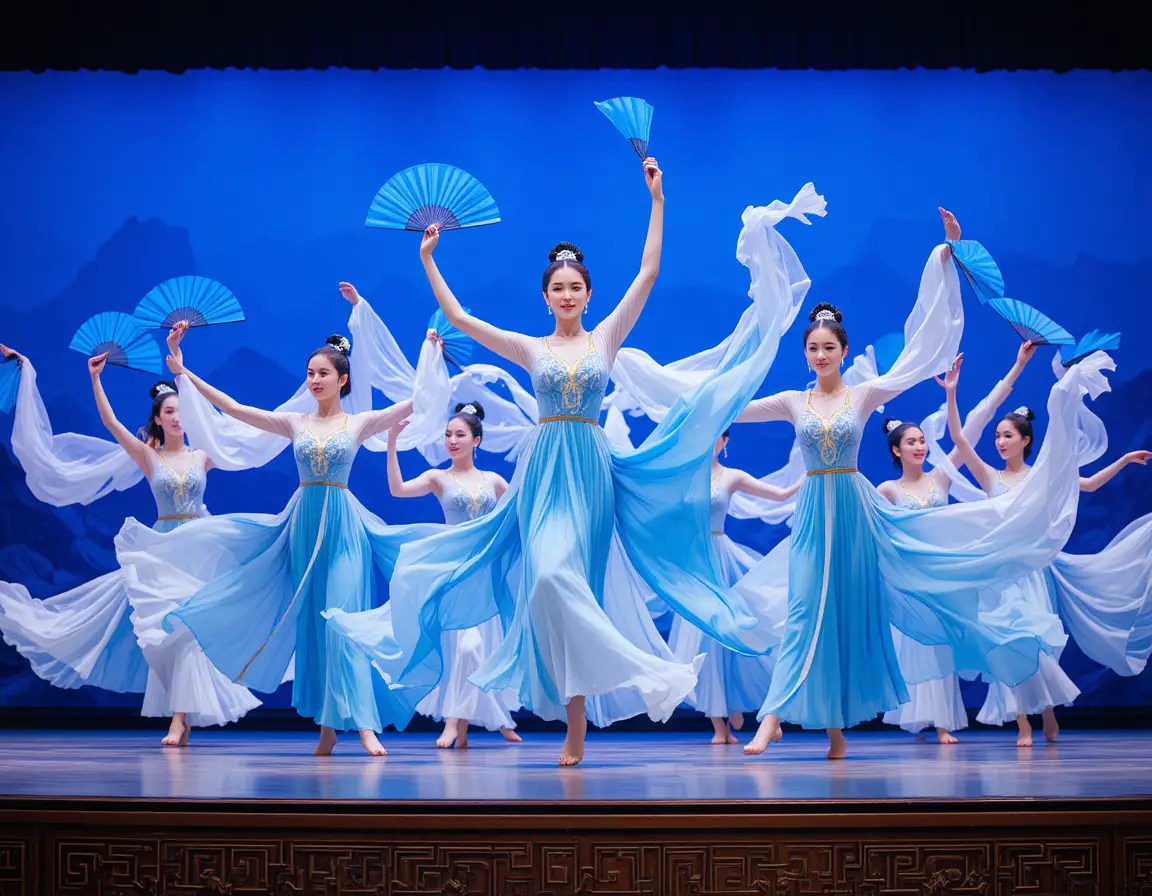 Traditional Chinese dancers with blue fans on stage