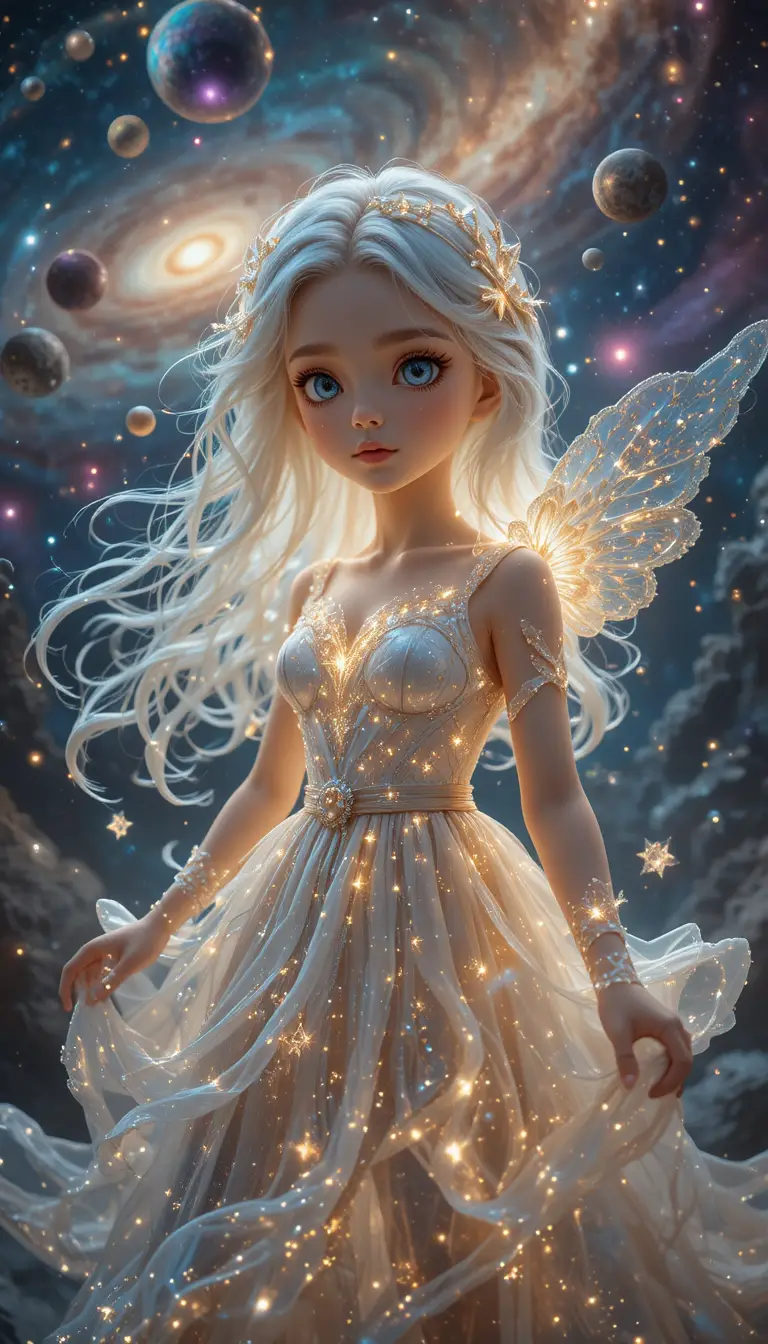Ethereal cosmic girl drifting gracefully through distant galaxies