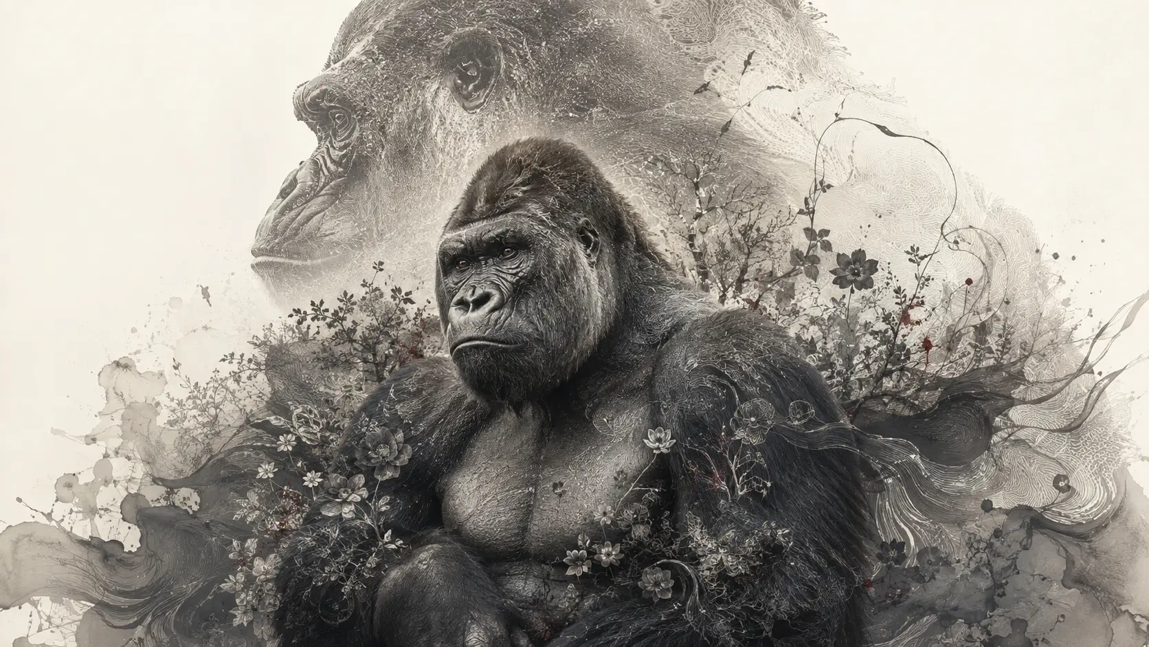 Surrealistisches Tintenporträt eines Silberrücken-Gorillas in Abstraktion