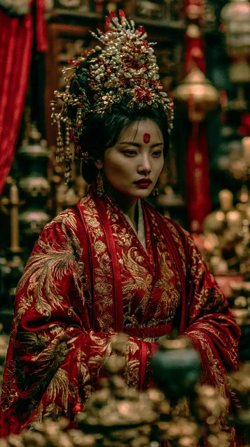Ancient Chinese noblewoman in red silk within palace glow