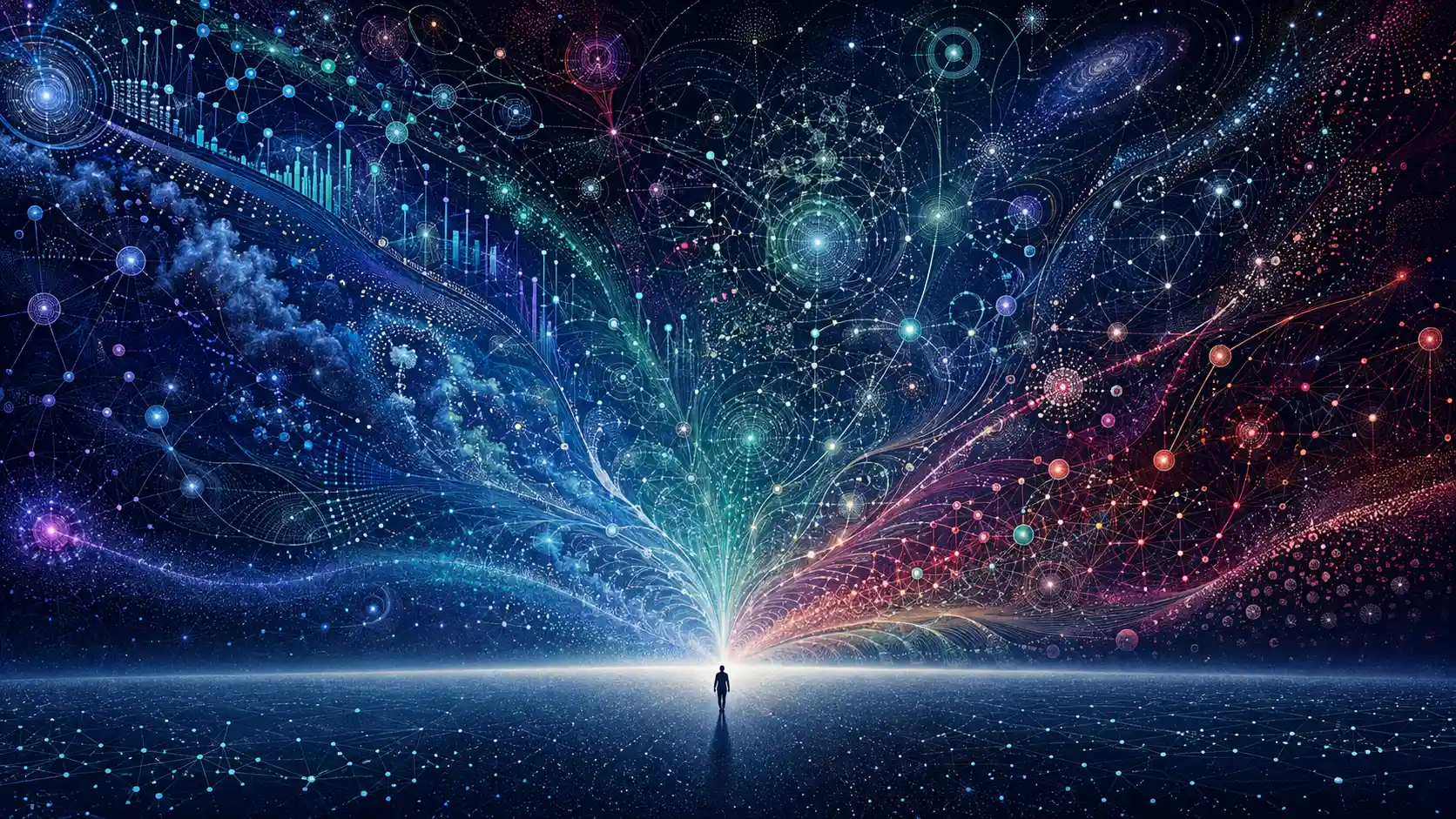 Minuscule humain remodelant un vaste univers cosmique analytique