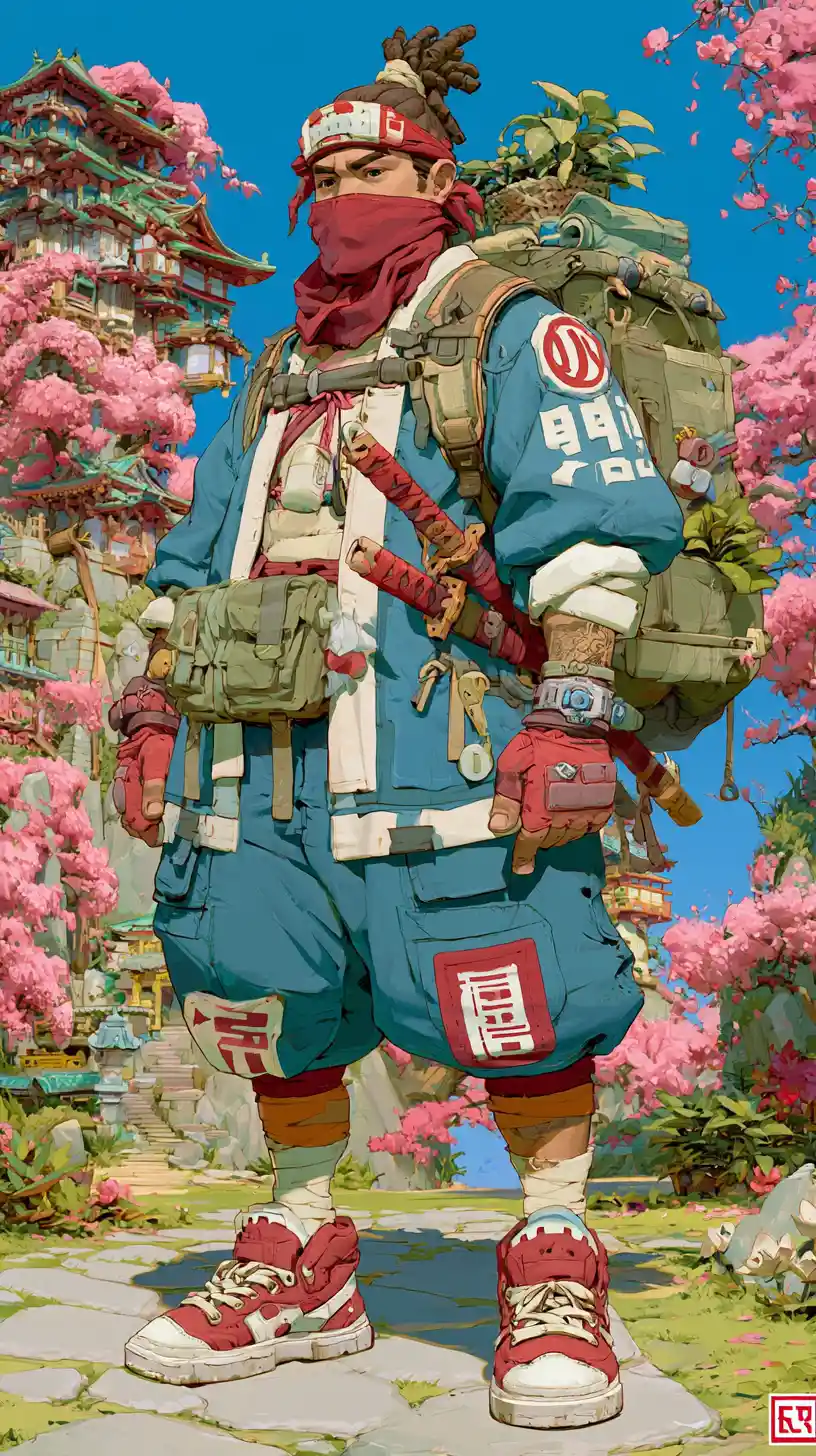 Feudal Japanese ninja posing before a grand castle