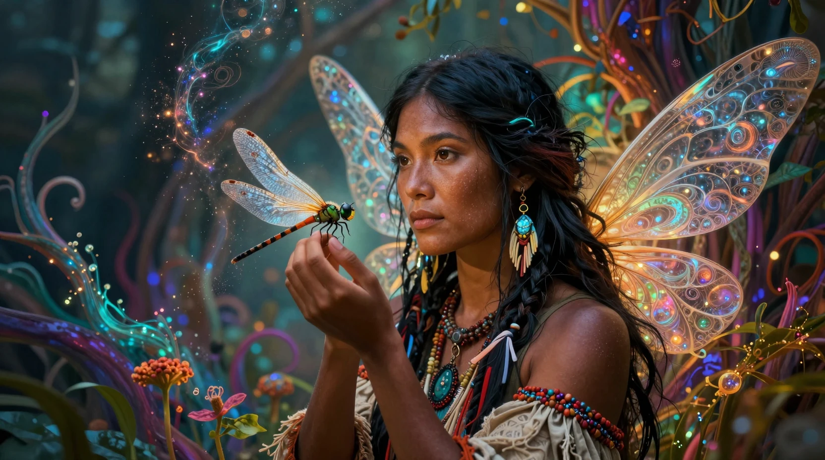 Fata nativa americana che tiene una libellula in una foresta fantasy luminosa