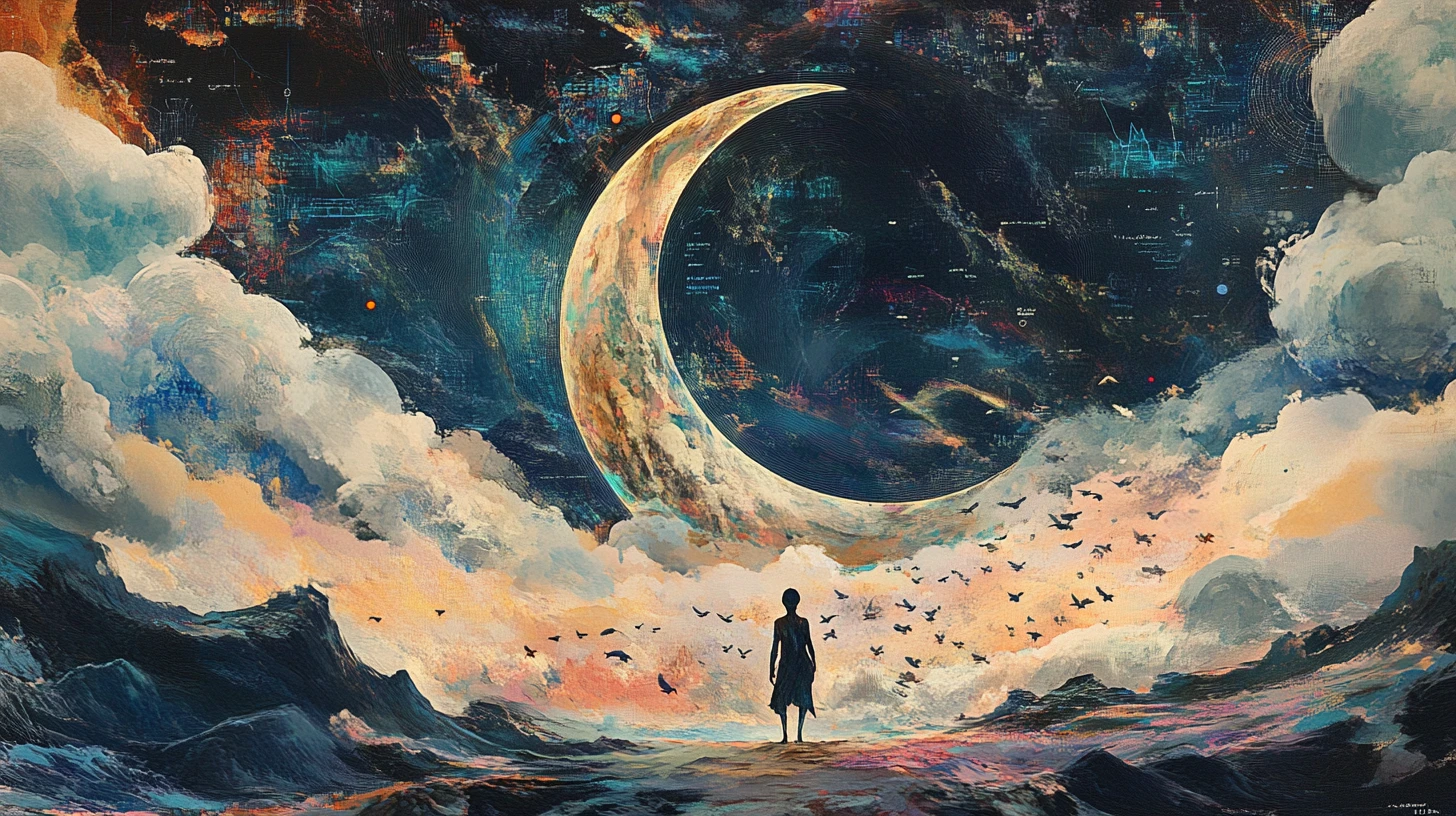 Gardien surnaturel marchant sous un vaste croissant de lune