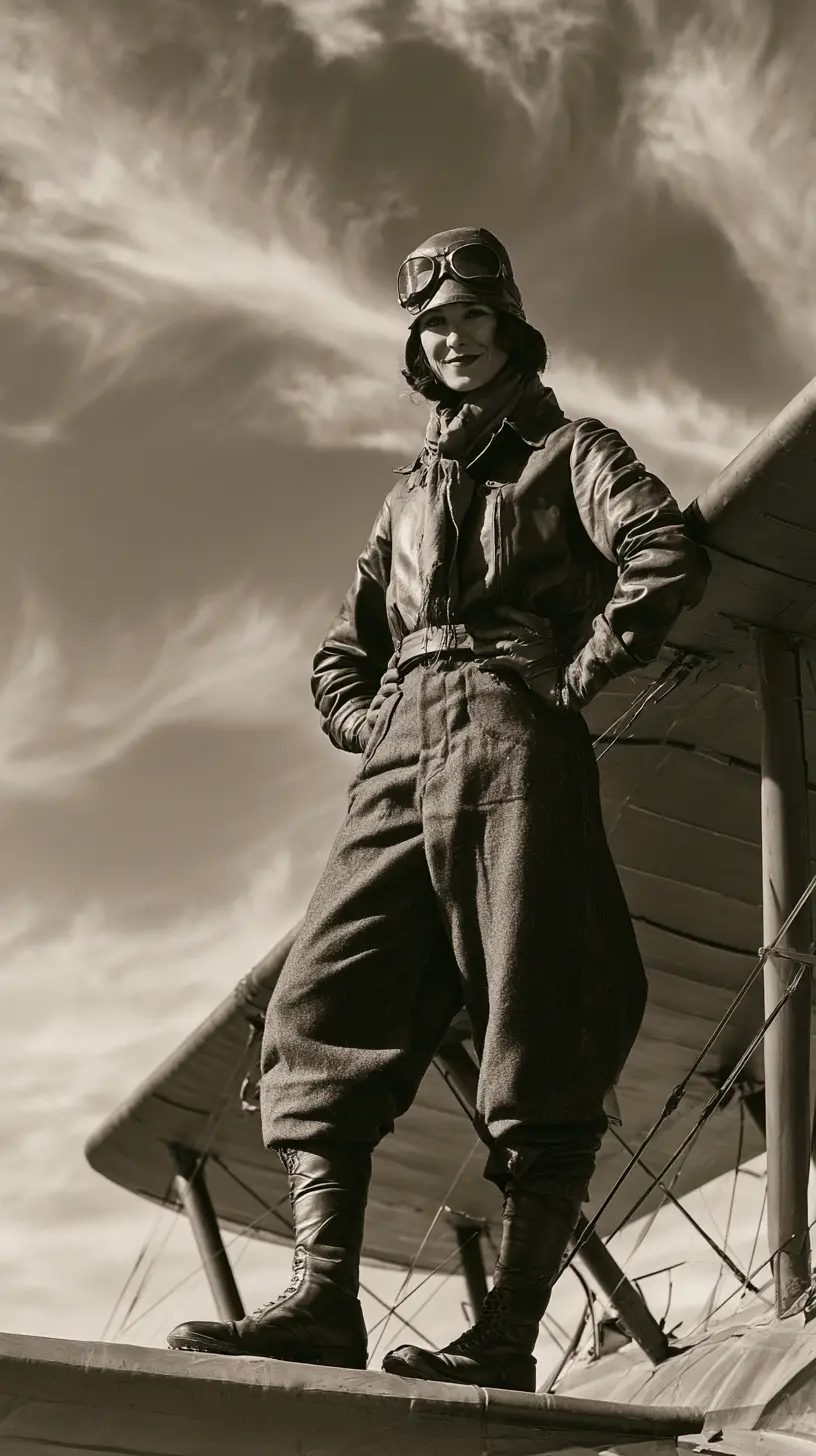 Fearless 1920s female aviator standing on a biplane wing