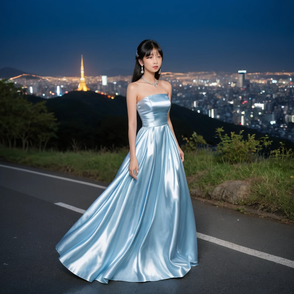 Garota elegante em vestido de cetim azul em uma colina à noite