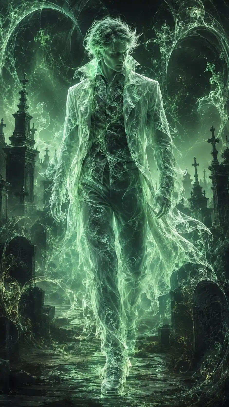 Silhouette élégante de fantôme masculin dans un cimetière lumineux