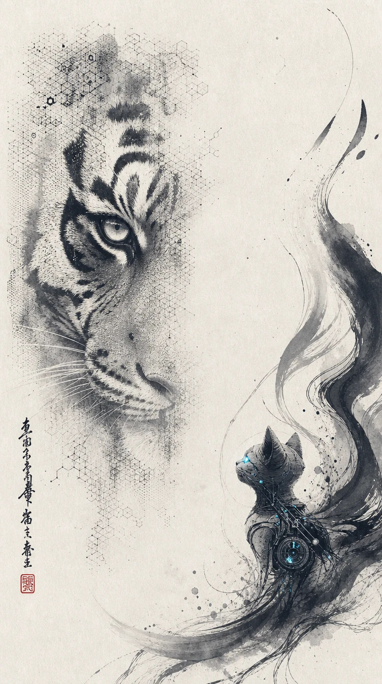 抽象墨跡構圖中悖論式變換的老虎與小貓