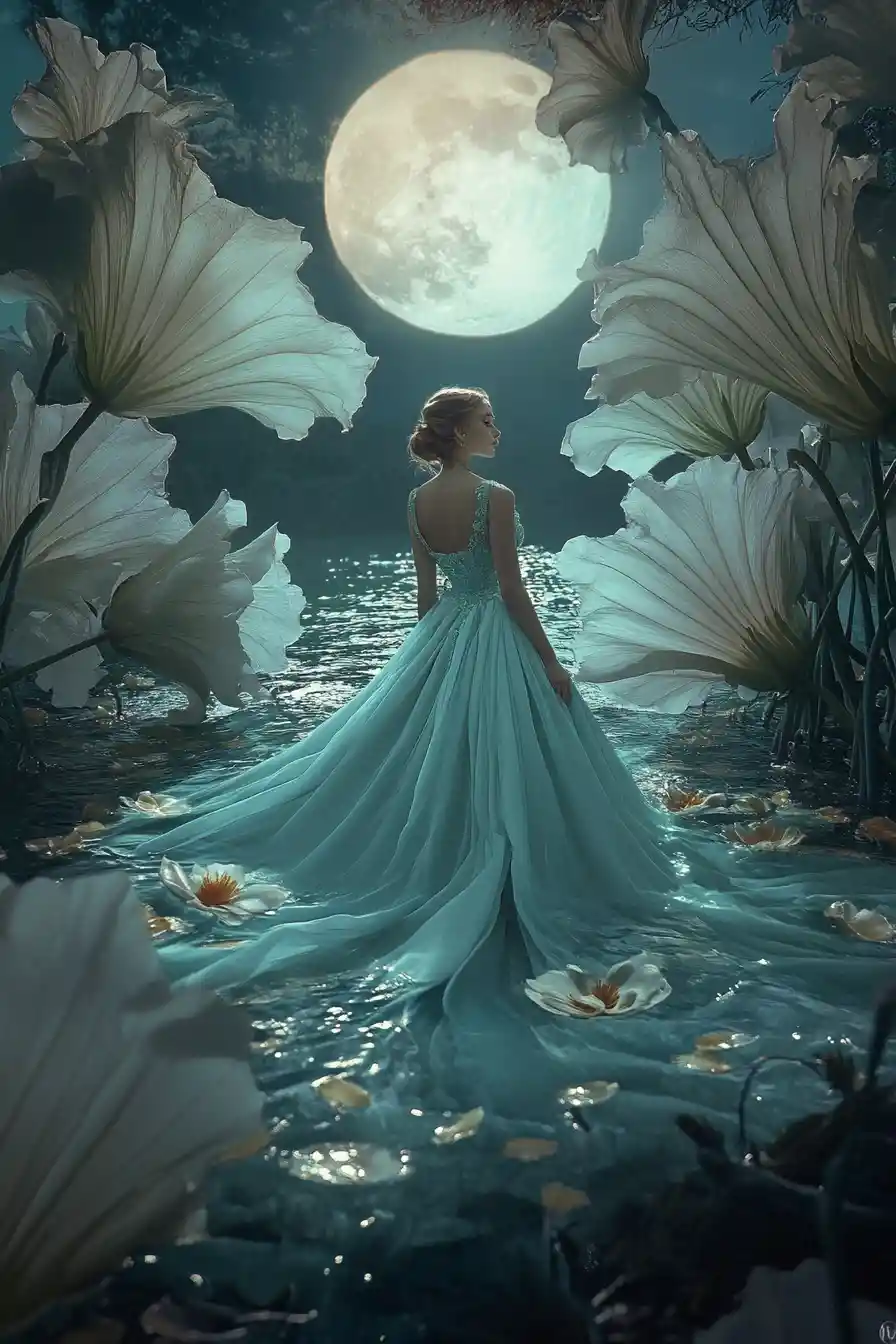 Mulher elegante em vestido azul deslizando por um lago ao luar