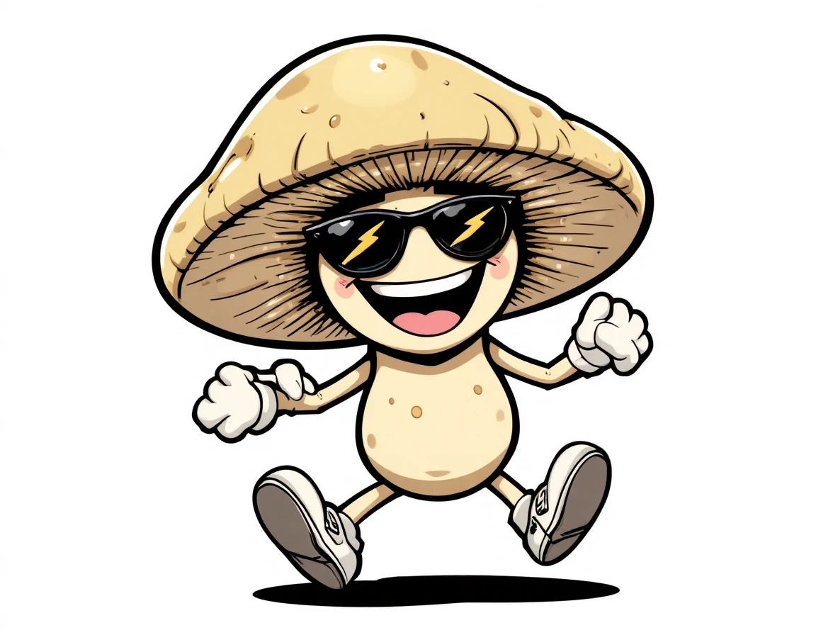 Cogumelo alegre correndo em estilo de desenho animado retrô