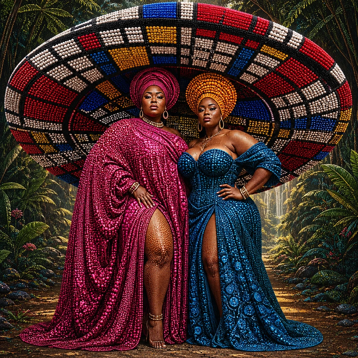 Femmes grande taille royales dans une scène de mode de jungle surréaliste