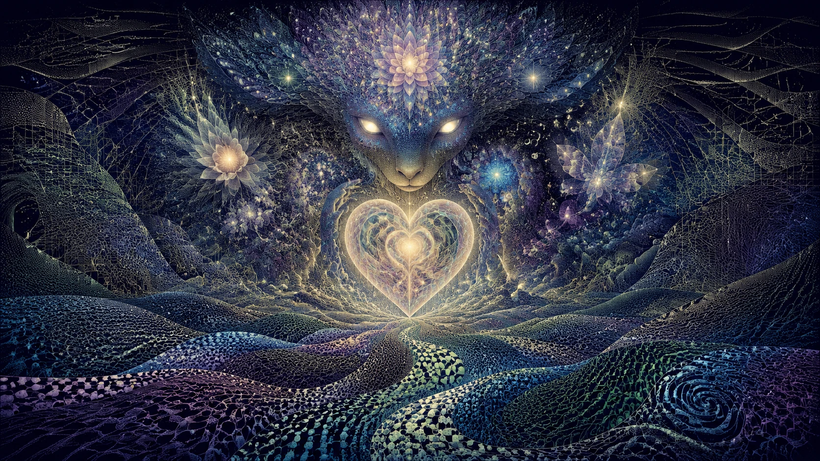 Surreal cosmic creature with glowing heart and eyes