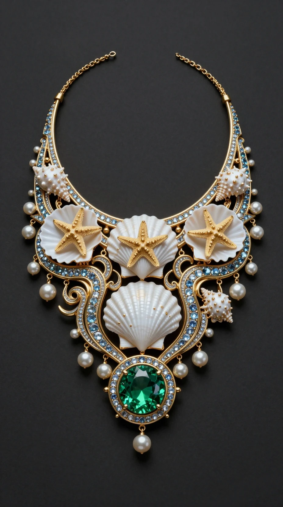 Colar de ouro ornamentado com conchas do mar e pedra de esmeralda