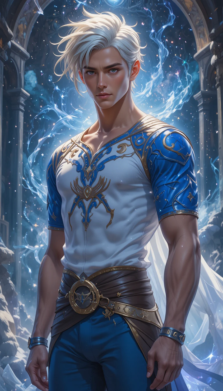 Homem eliatrope de anime com cabelo branco e roupa azul