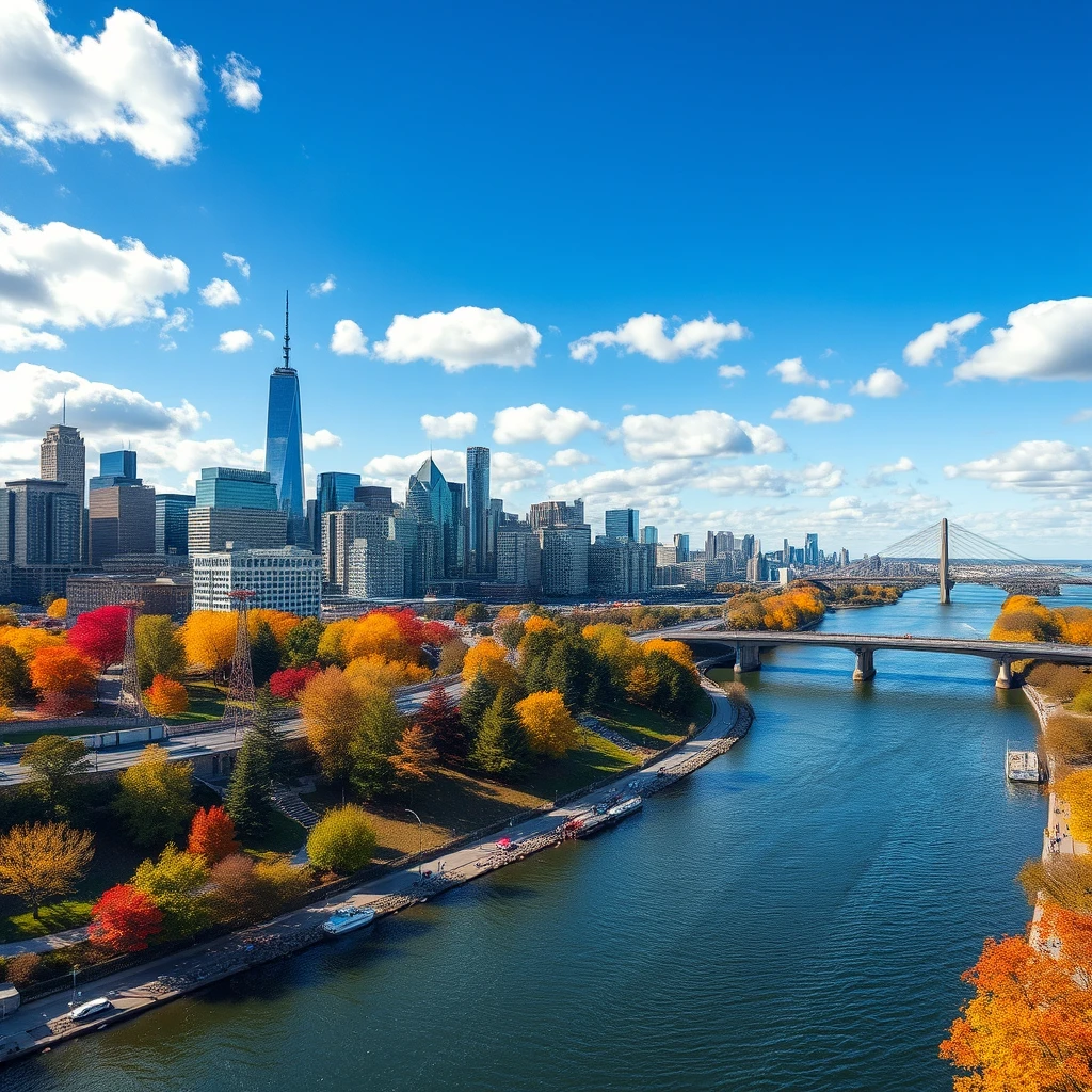 Modern city skyline by clear blue river in sunlight