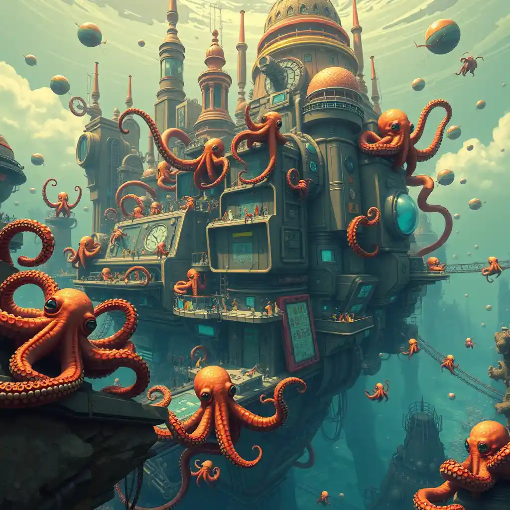 Poulpes Joueurs Envahissant une Mégastructure Futuriste Submergée
