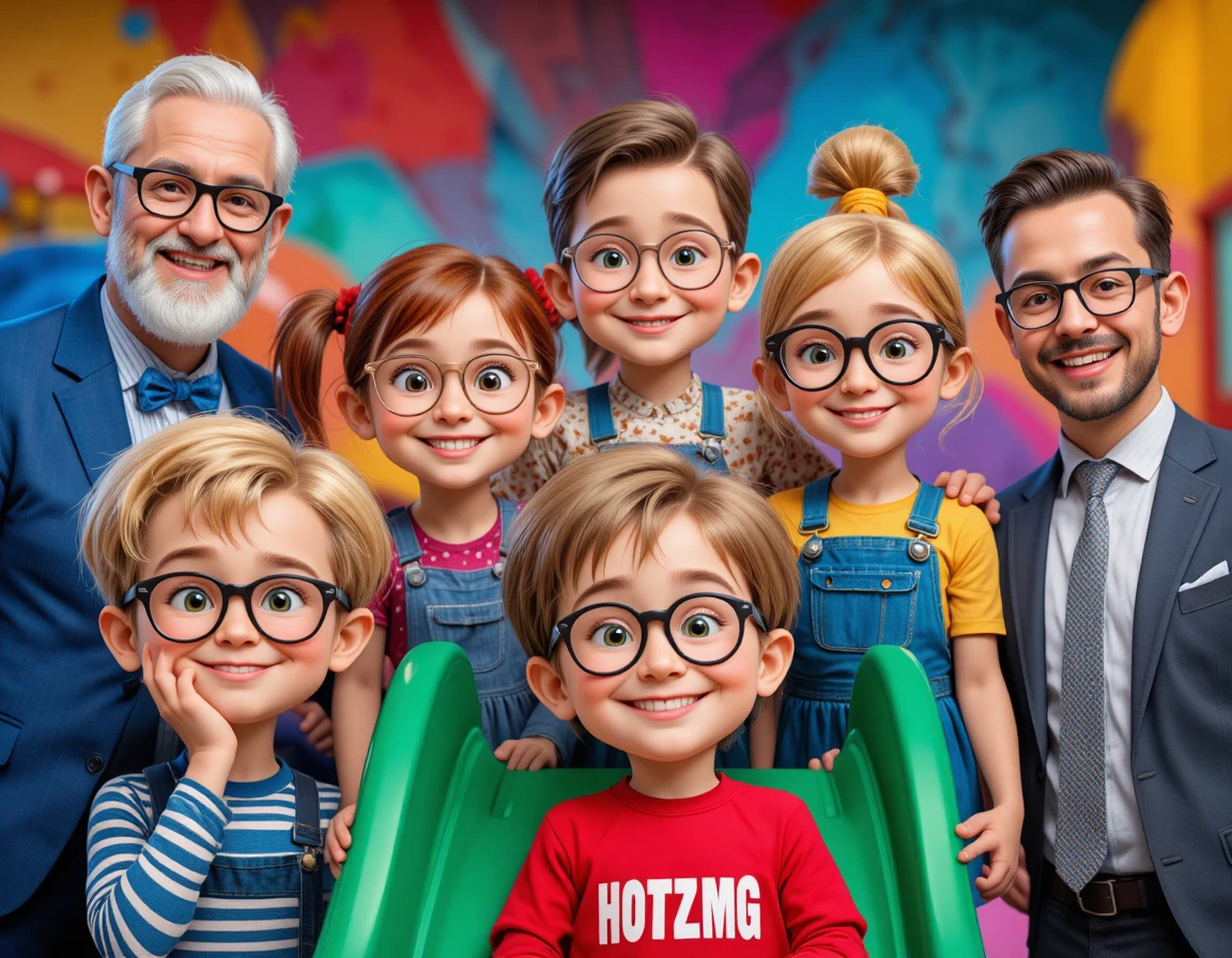 Smiling multigenerational group portrait against colorful background