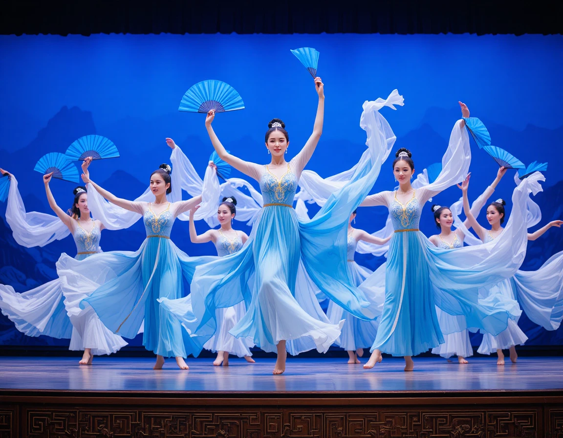Danzatrici tradizionali cinesi con ventagli blu sul palco