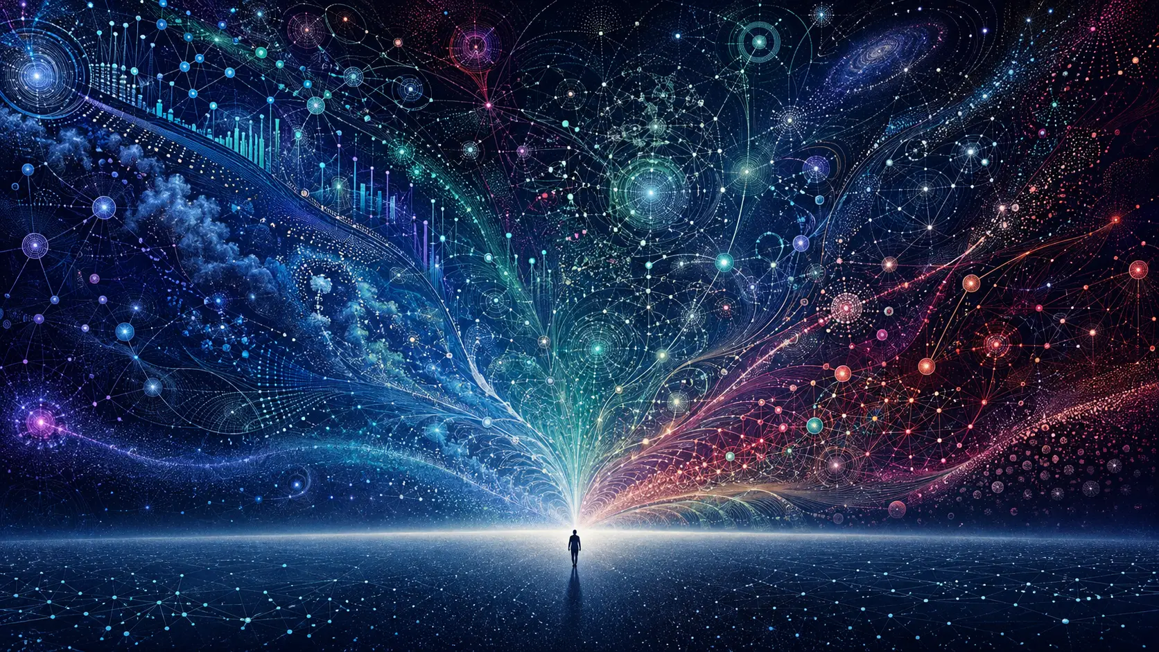Pequeño humano que transforma un vasto universo cósmico analítico