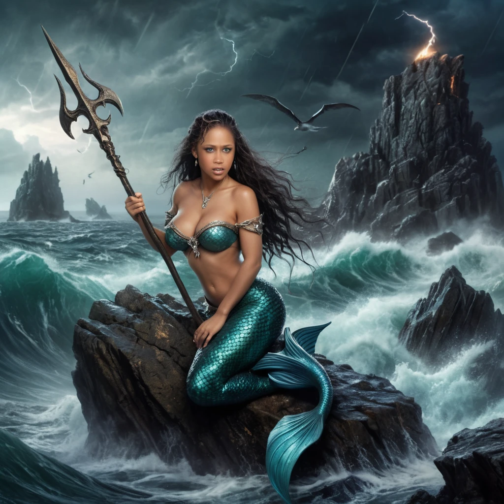 暴風海中持三叉戟的黑髮美人魚