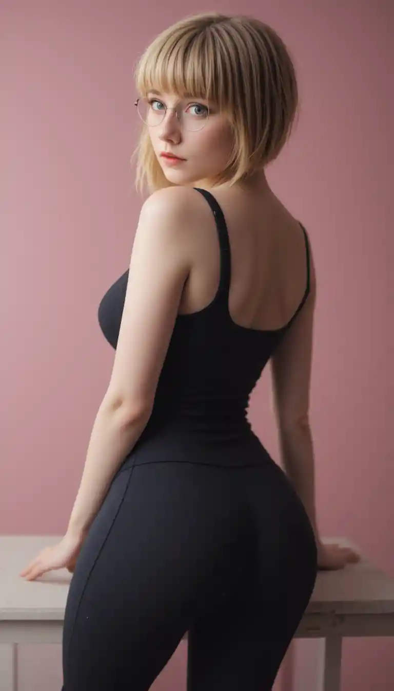 Blonde woman in glasses leaning forward against soft pink