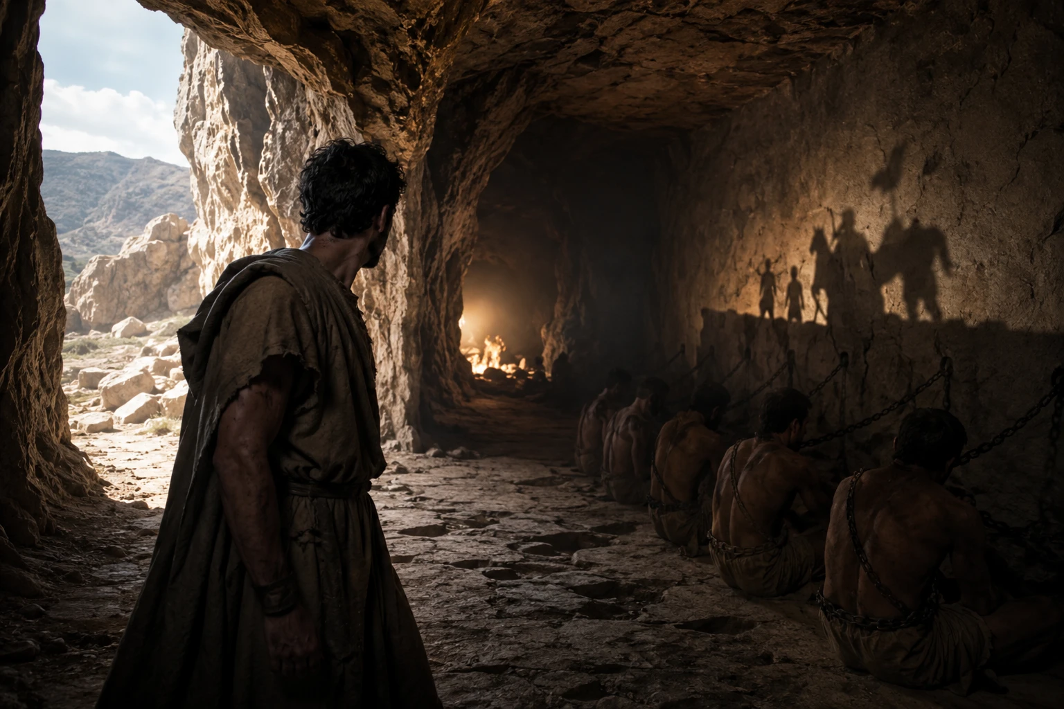 Mann entkommt den Ketten in Platons Höhle, während andere die Schatten betrachten
