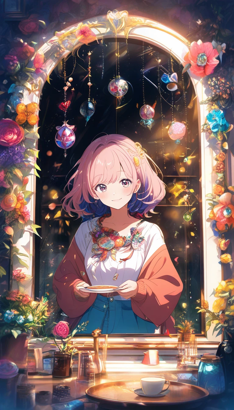 Smiling anime girl relaxing in a sunlit otaku room