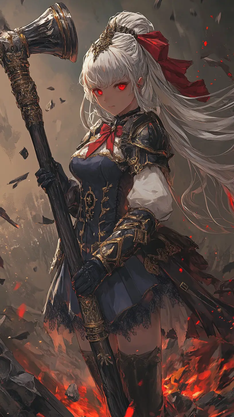 Anime girl warrior resting a massive hammer on her shoulder