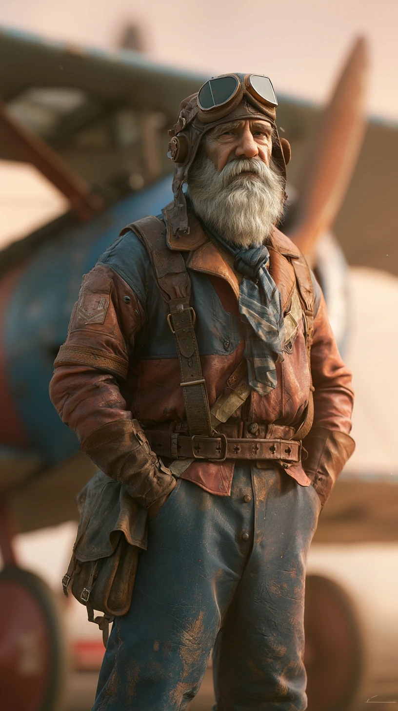 Piloto da Primeira Guerra Mundial em pé orgulhoso ao lado de um biplano vintage