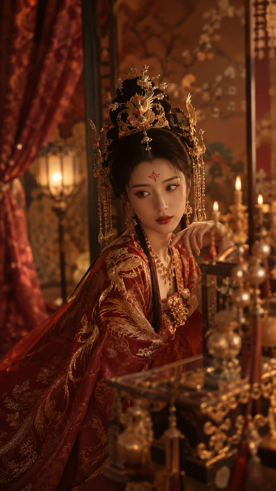 Nobre chinesa antiga em manto vermelho de fênix