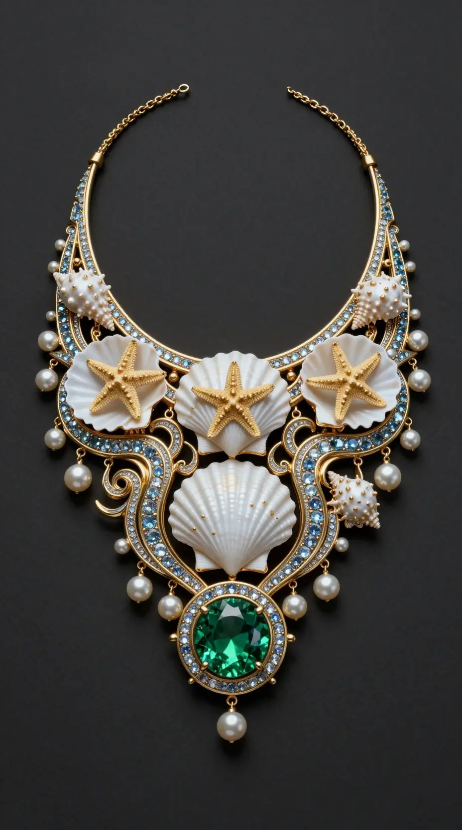 Collana d’oro decorata con conchiglie e gemma di smeraldo