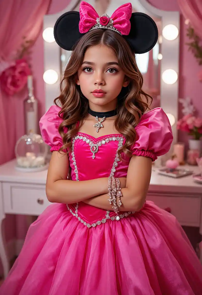 Young boy in princess costume posing at vanity