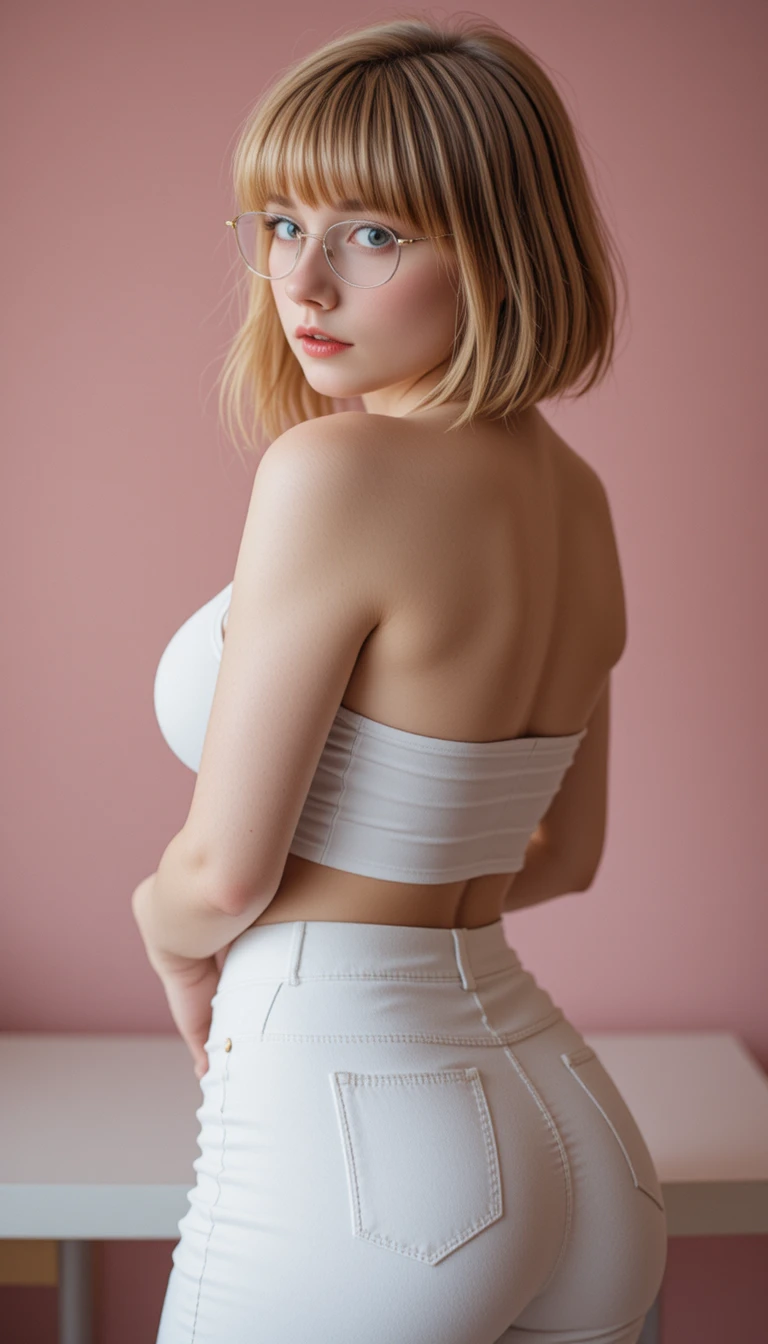 Femme blonde pulpeuse en tenue blanche posant en contre-plongée