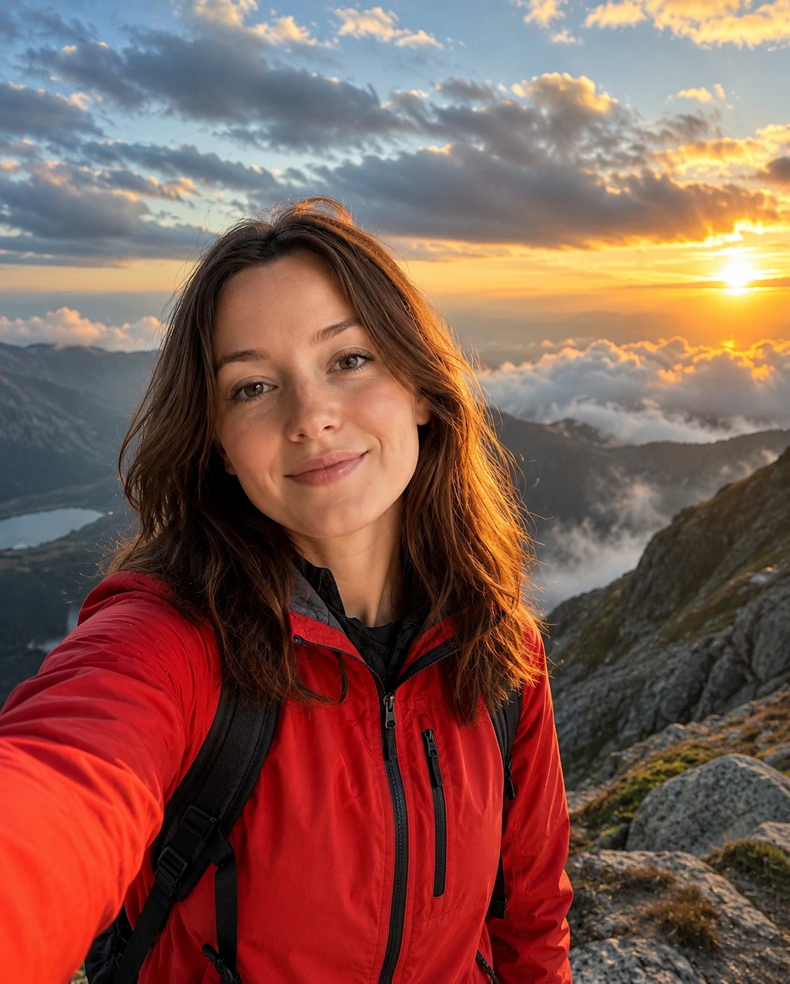 Energiegeladene Selfieaufnahme einer Frau beim Wandern bei Sonnenaufgang in den Bergen