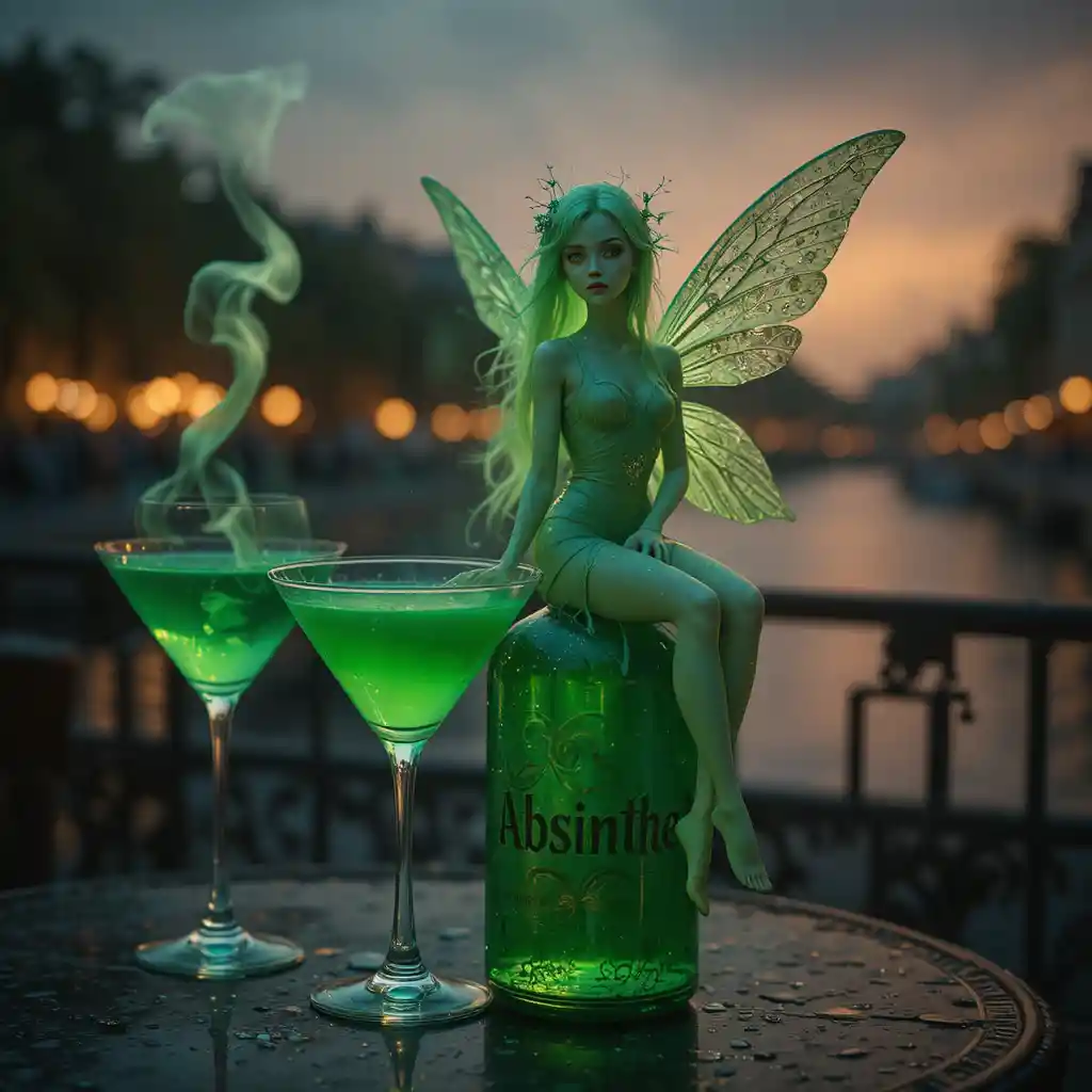 Green absinthe fairy above a glowing cocktail in Paris evening