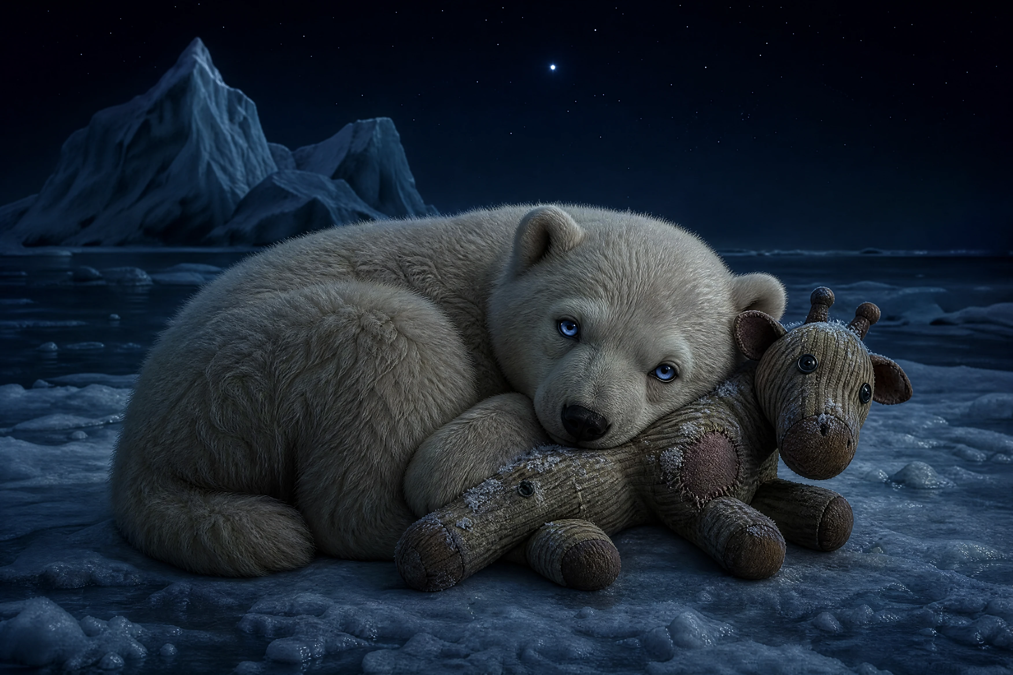 Jovem urso‑polar abraçando um brinquedo gasto em uma placa de gelo