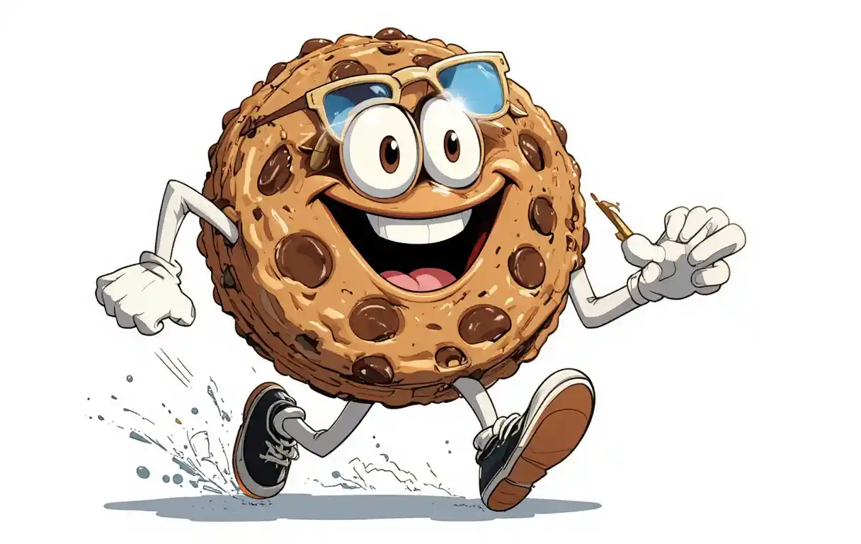 Running cartoon cookie character with sunglasses and gloves