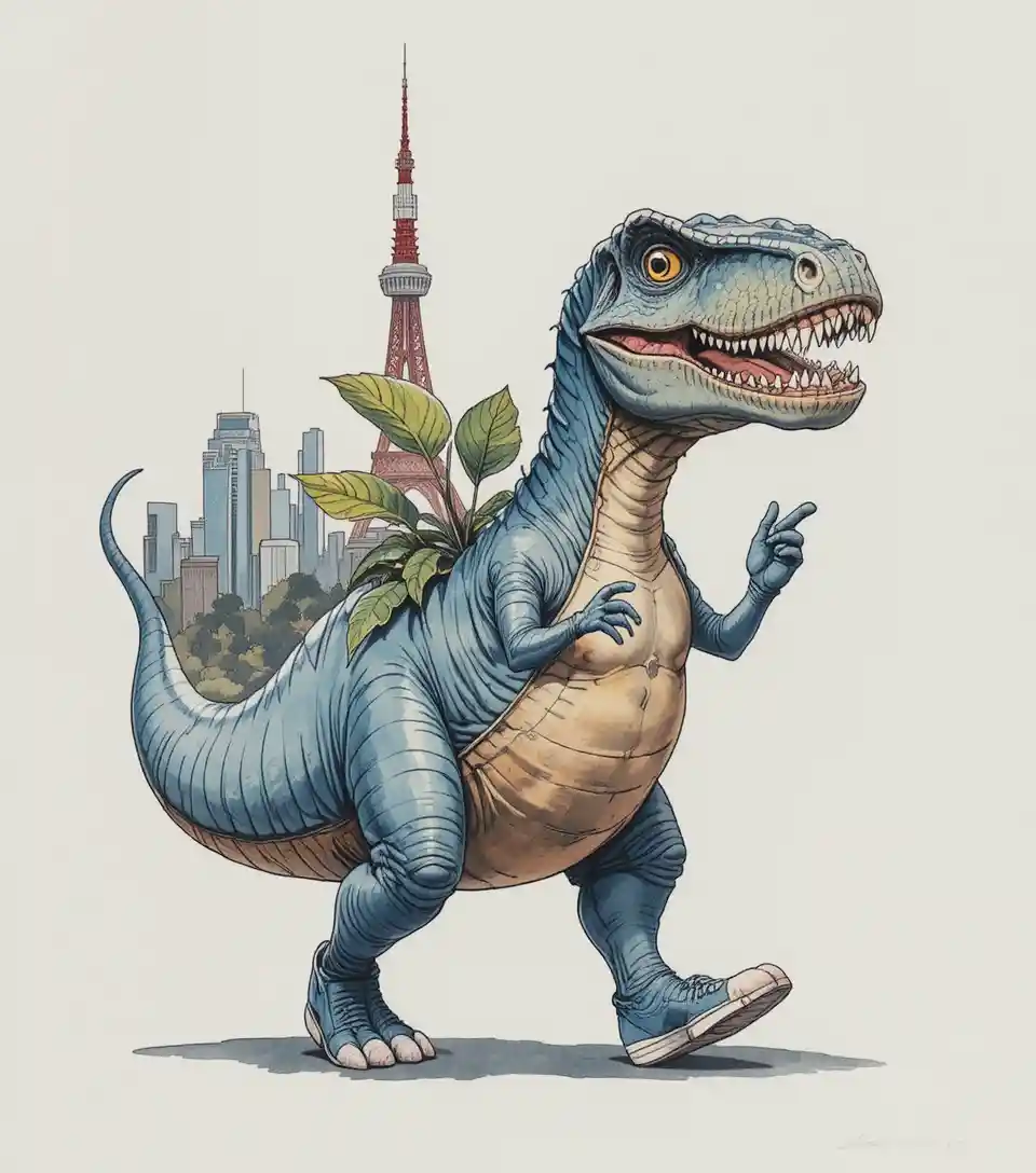 Tyrannosaure rex graphique vert sarcelle et rouge au-dessus d’une ville stylisée