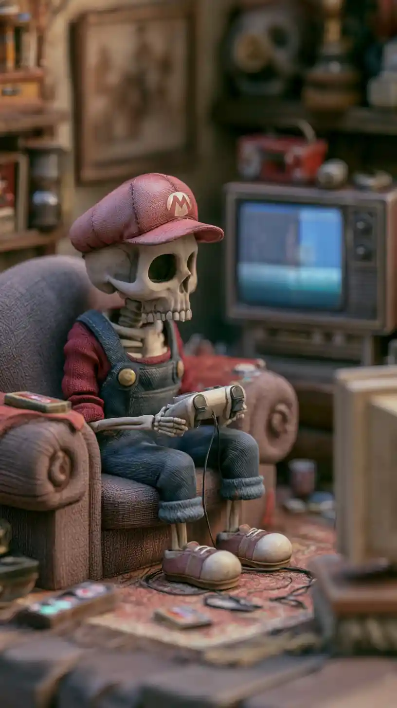 Squelette chibi jouant à un jeu vidéo dans un salon cosy
