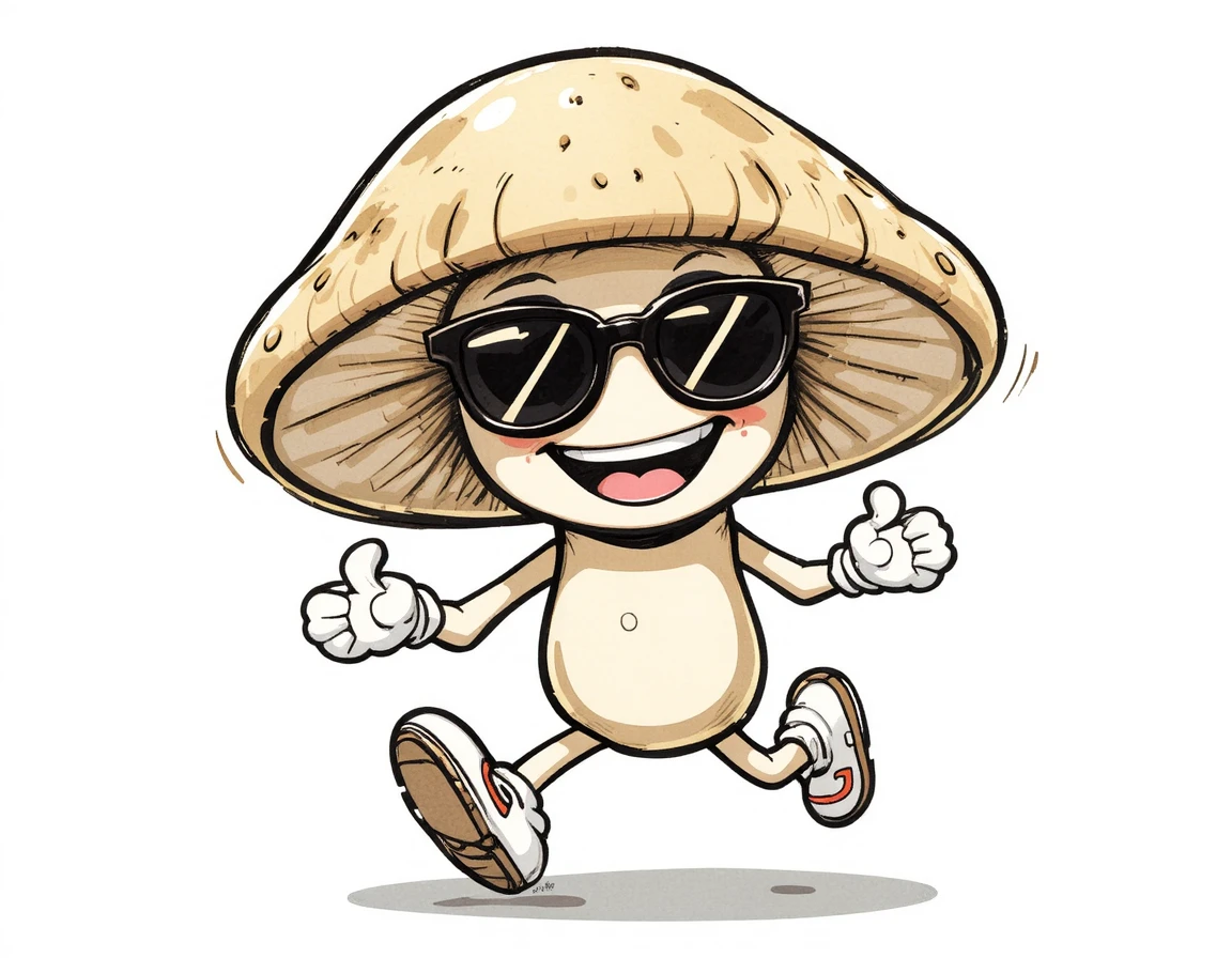 Personagem de cogumelo em estilo retrô correndo com um grande sorriso alegre
