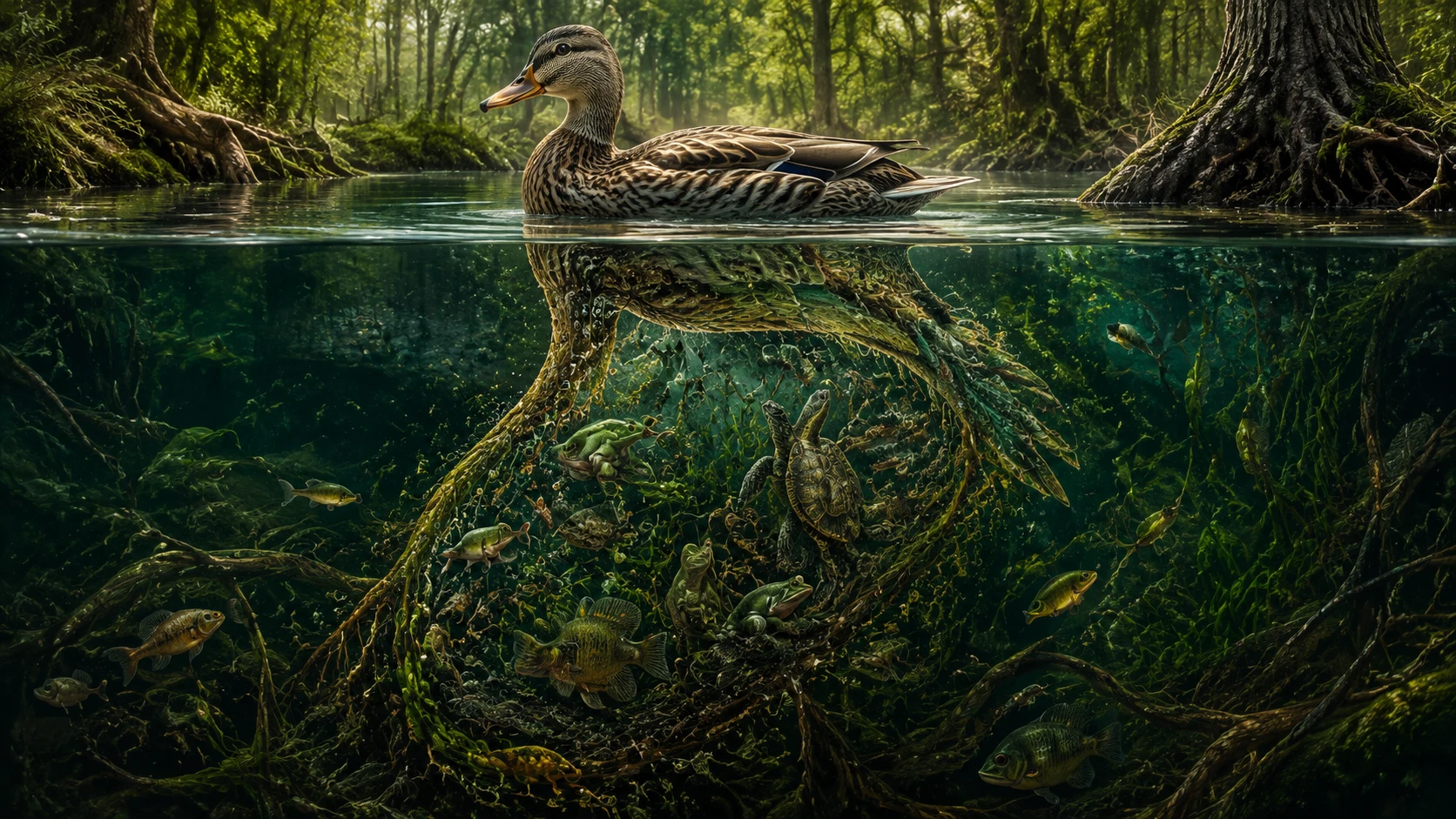 Pato em um rio que divide um mundo subaquático oculto