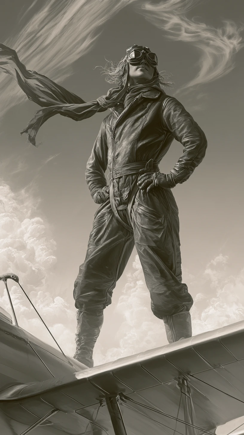 World War I pilot standing on a biplane wing