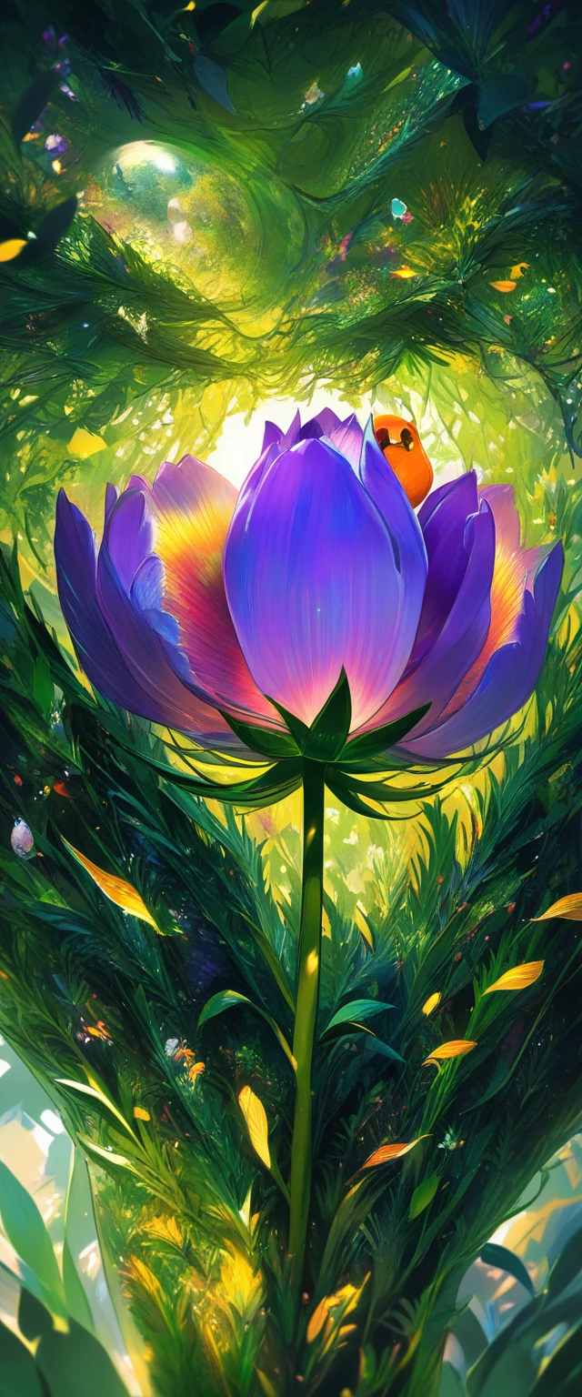 Colibri se nourrissant d’une tulipe violette dans un jardin ensoleillé