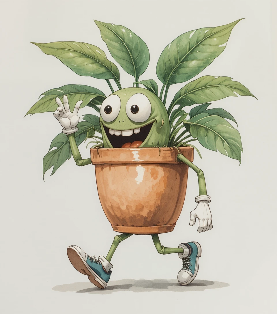 Divertida monstera em desenho animado caminhando e fazendo joinha