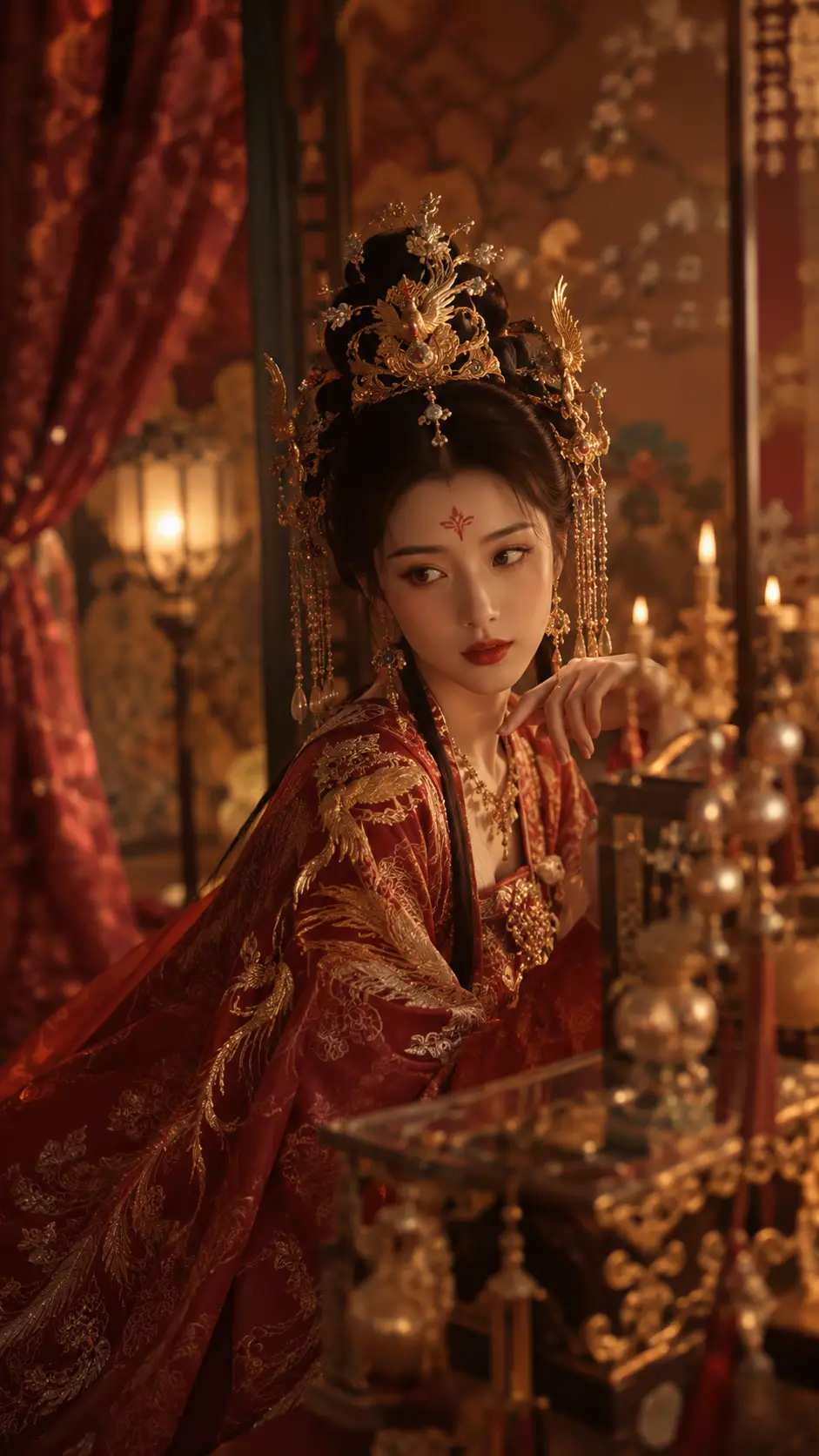 Noble femme chinoise de l’Antiquité en robe rouge au phénix